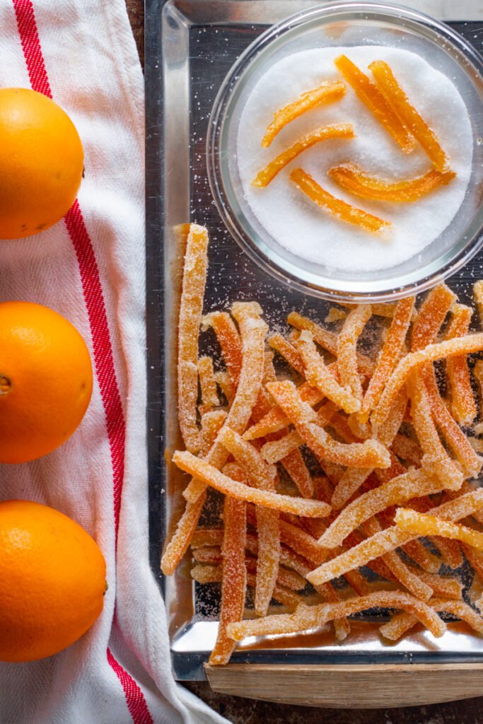 Candied Orange peel with oranges and sugar.