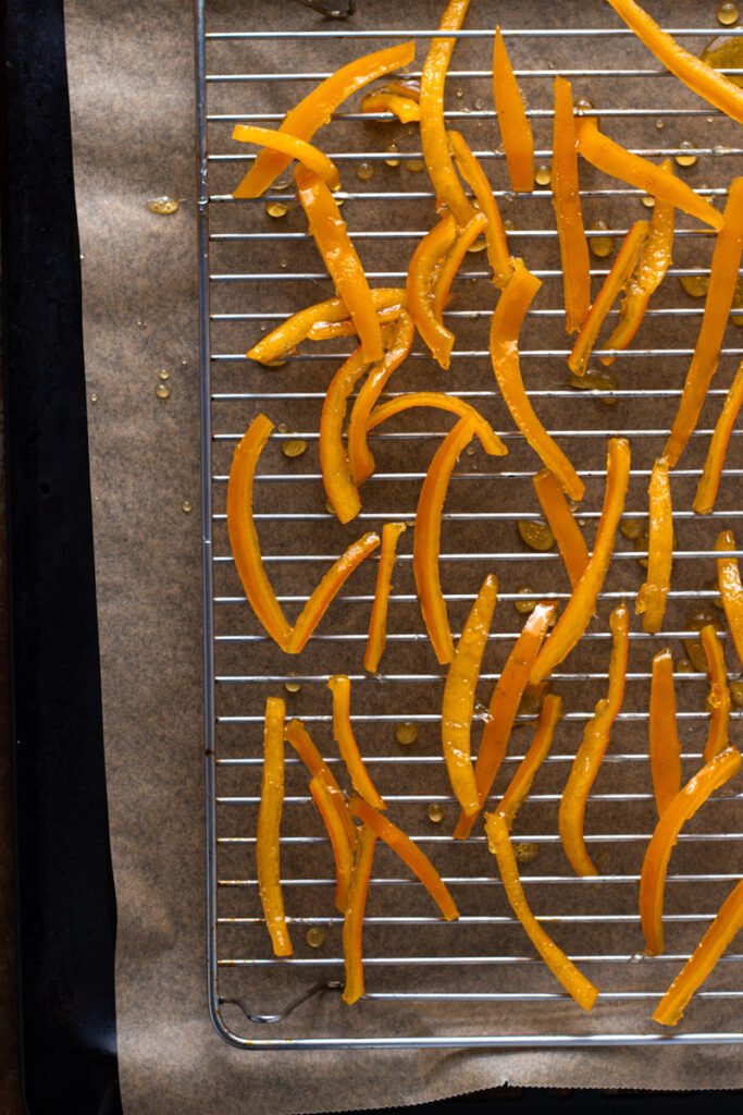Candied Orange Peels on a drying rack.