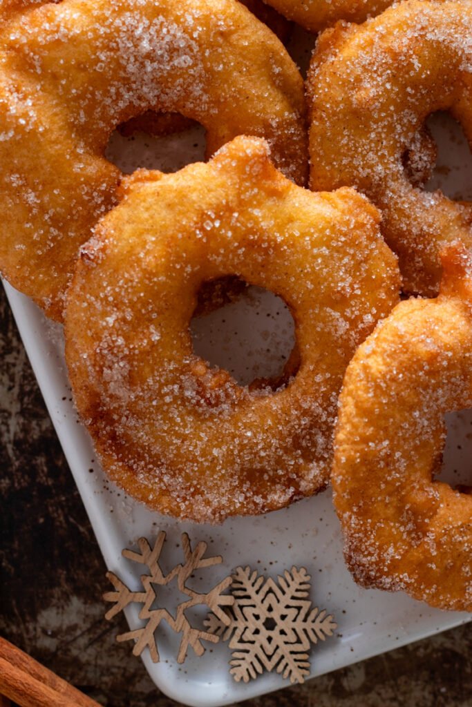 Close up of deep fried apple rings.