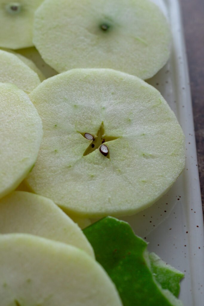 Sliced and peeled Granny Smith Apples.