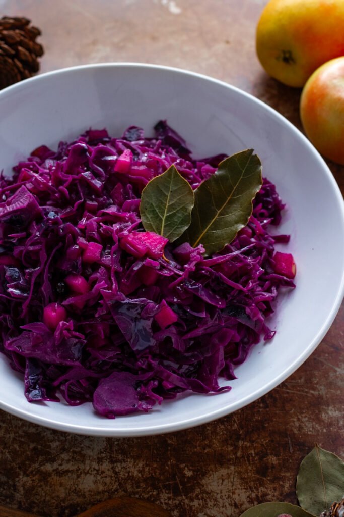 A bowl of German style braised red cabbage with apples.