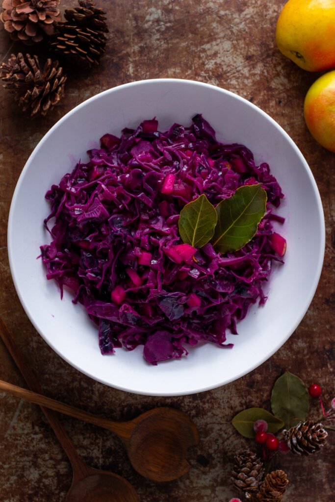 A bowl of German style braised red cabbage with apples.