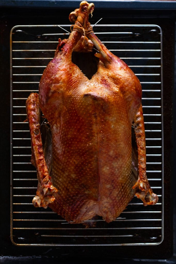 A golden brown roast goose on a roasting rack.