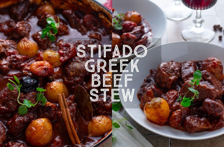 Stifado Greek Beef Stew title card.