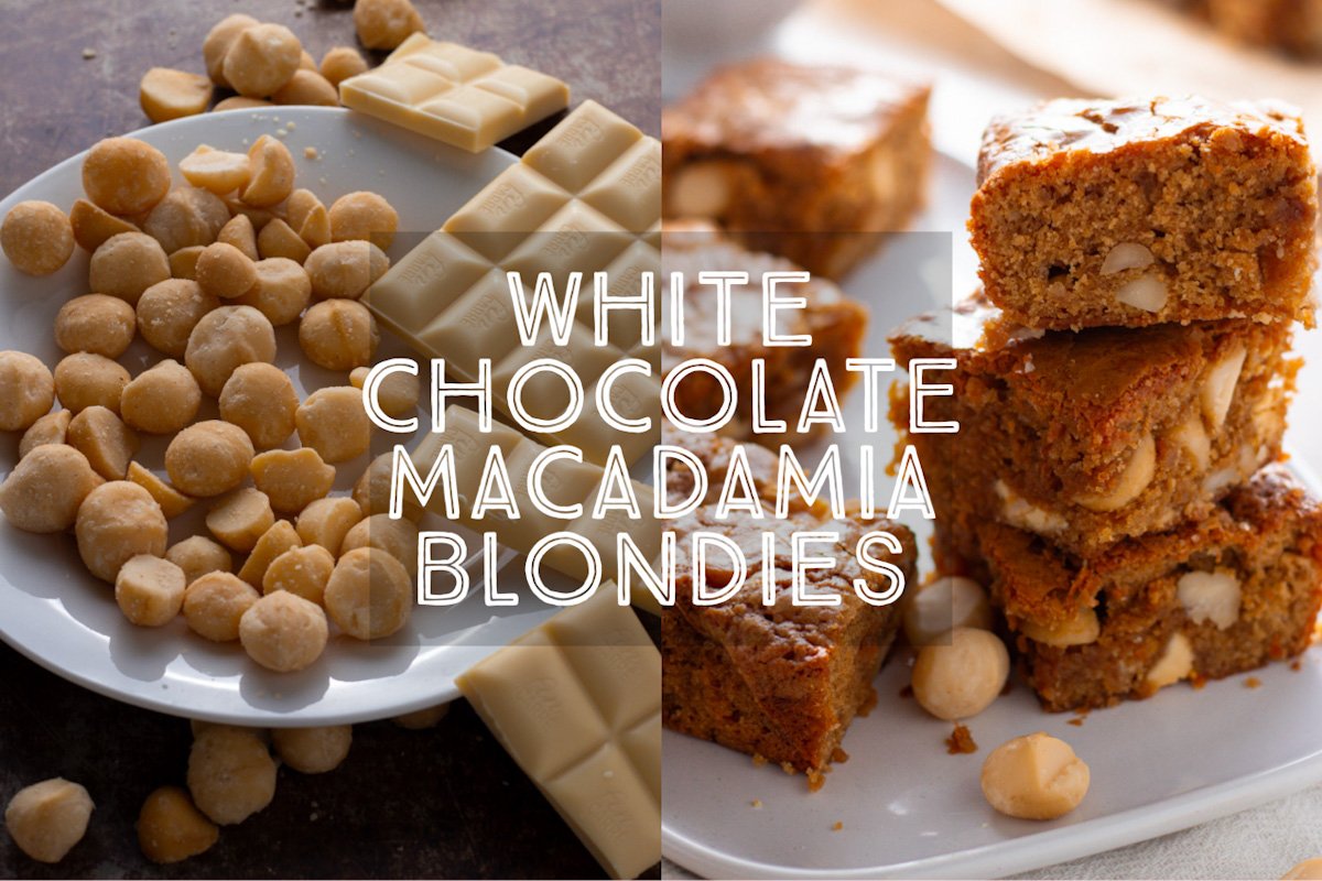 White Chocolate Macadamia Blondies title card.